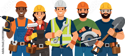 Diverse construction workers holding tools and smiling, flat illustration
