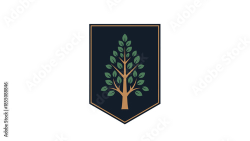 Stylized Tree Emblem on Dark Navy Shield, Green Leaves, Brown Trunk, Logo Design