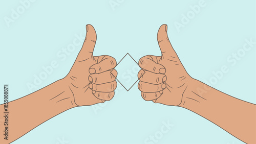 Two hands giving thumbs up with a rhombus in between, against a light blue background
