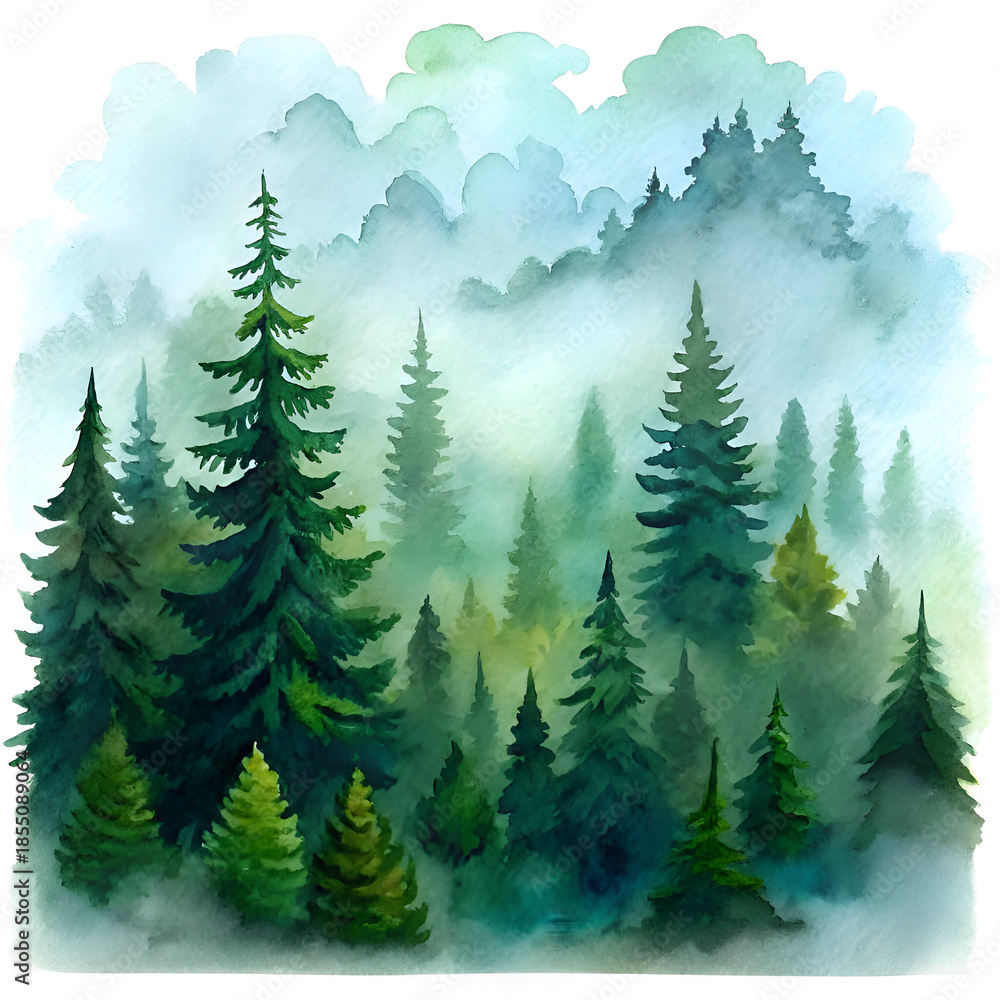 Fototapeta premium Oil Painting for Wall Art Misty Watercolor Forest: Serene Evergreen Landscape Illustration