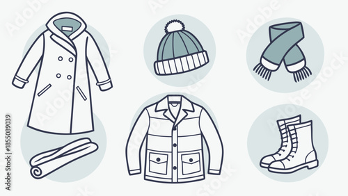 Winter clothing set with coat, jacket, boots, hat, and scarf