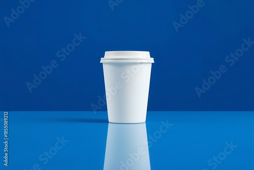Minimal white takeaway coffee cup mockup on blue background with reflection, blank disposable paper cup for branding and packaging design
