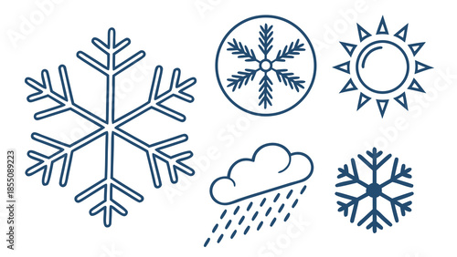Weather icons set with snowflakes, sun, cloud and rain