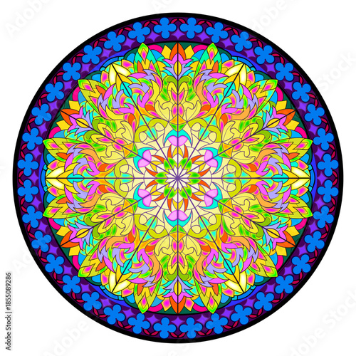 Gothic rose in medieval cathedral. Beautiful colorful stained glass window. Gothic architectural style. Architecture in French churches. Middle ages in Western Europe. Hand drawn vector.