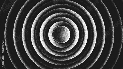 Geometric stippling design with layered concentric circles. Minimalist black and white artwork rendered through fine stippling dots with rhythm, symmetry, visual depth and optical vibration. Vector