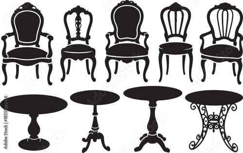 Furniture set vintage elegant chairs tables silhouettes for cafe restaurant home interior collection
