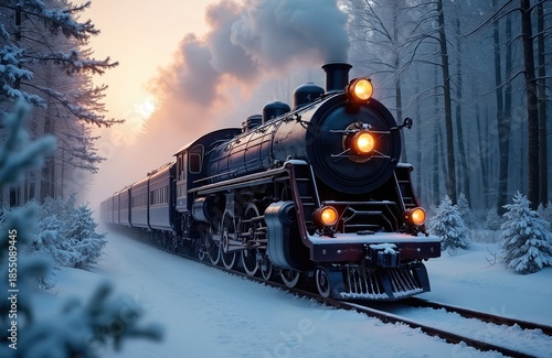 Vintage steam train travels through snowy forest at dusk. Powerful locomotive pulls passenger cars on tracks. Winter journey through cold remote landscape.