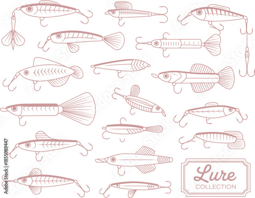 Black and white fishing lure line art collection, vintage bait designs, hand drawn tackle illustrations for angling projects