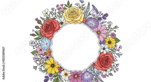 Decorative floral frame featuring various colorful summer blossoms around a circular white space with elegant scalloped edges for text.