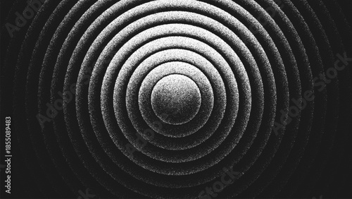 Geometric stippling design with layered concentric circles. Minimalist black and white artwork rendered through fine stippling dots with rhythm, symmetry, visual depth and optical vibration. Vector