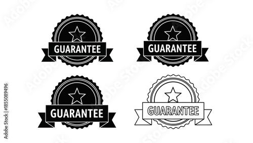 Four black and white guarantee badges with star and ribbon details