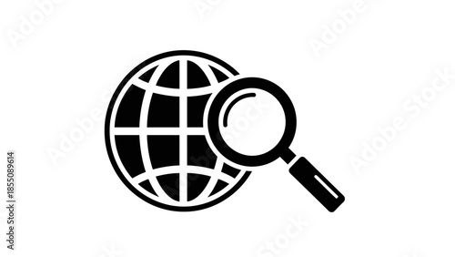 A black and white illustration depicting a globe with a magnifying glass