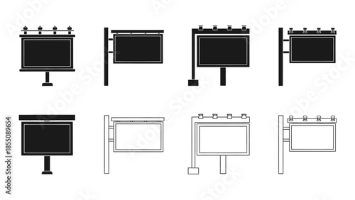 Black and white illustrations of various blank signboards and display boards