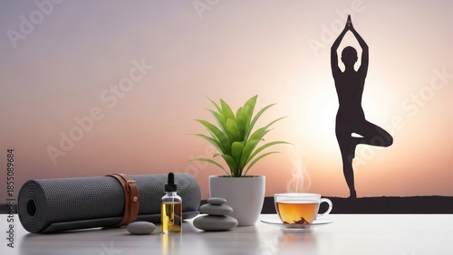 Yoga mat essential oil plant and tea at sunset