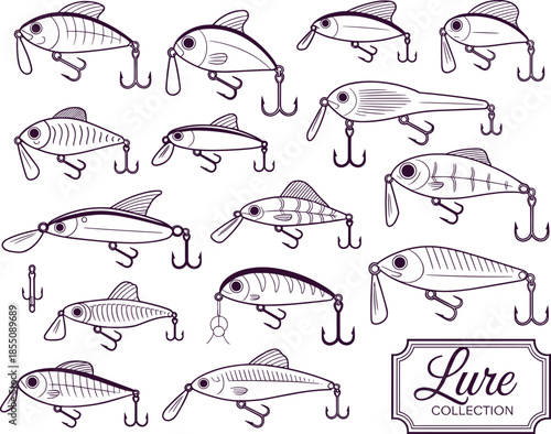 Black and white fishing lure line art collection, vintage bait designs, hand drawn tackle illustrations for angling projects