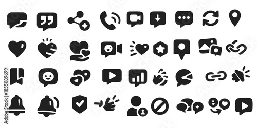 Social media and communication icon set. Modern bold glyph symbols for chat, love, video, notifications, and sharing. Customizable vector assets for mobile apps, web UI, and digital marketing