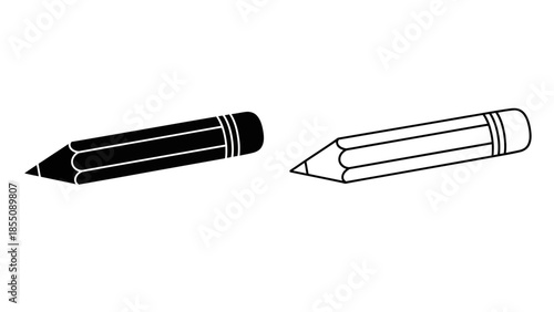 Two pencils depicted in contrasting styles one solid and one outlined