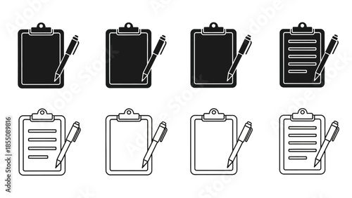 A collection of black and white clipboard icons with attached pens