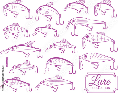 Black and white fishing lure line art collection, vintage bait designs, hand drawn tackle illustrations for angling projects