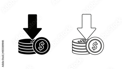 Black and white illustration of money stacks with downward pointing arrows