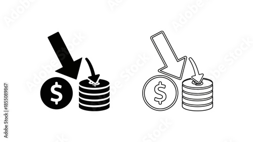 Black and white icons depicting money stacks with downward arrows