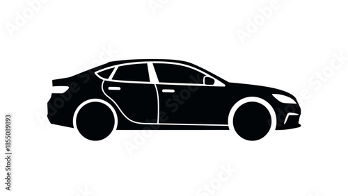 A simple black silhouette of a modern sedan car from a side view