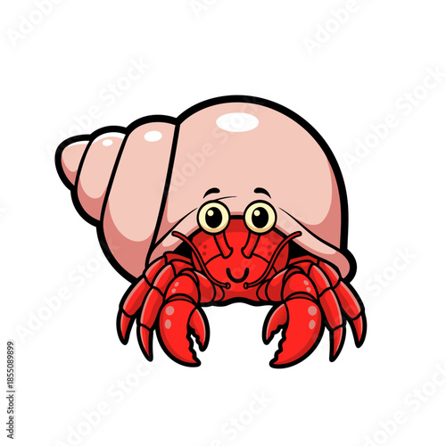 Cute cartoon hermit crab illustration. A friendly red marine creature with a pink shell, perfect for playful ocean-themed designs and children's projects