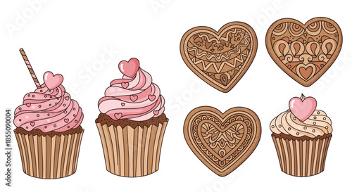 Sweet collection of heart shaped gingerbread cookies and pink frosted cupcakes decorated with tiny hearts for valentines day celebrations.