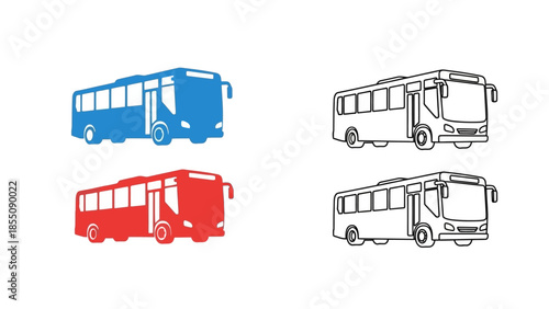 Four bus icons in varying colors and styles displayed on a white background