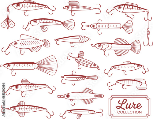 Black and white fishing lure line art collection, vintage bait designs, hand drawn tackle illustrations for angling projects