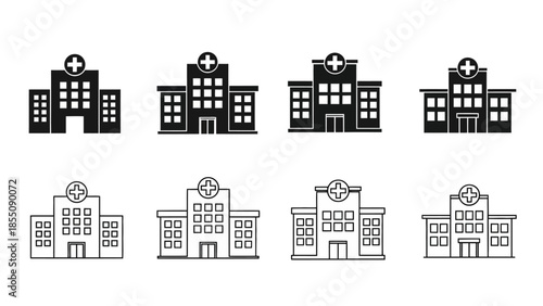 Black and white illustrations of hospital buildings in varying styles displayed