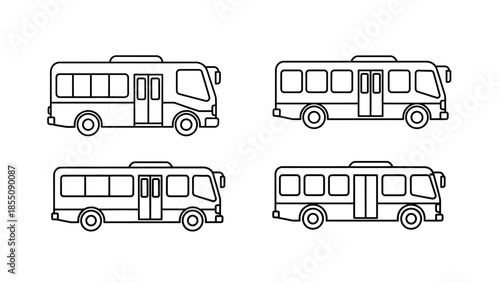 Simple line drawing of four similar passenger buses in a grid arrangement