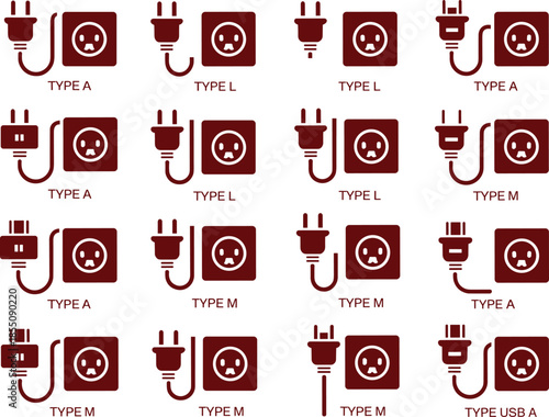Black electrical plug and socket types icon set showing international power standards, connectors and charging interfaces illustration