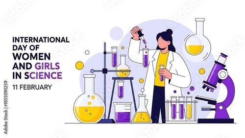 Commemorating the international day of women and girls in science on february eleventh with a dedicated female scientist conducting chemical experiments among glassware and a microscope