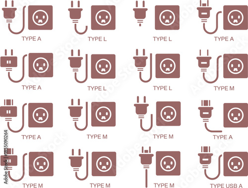 Black electrical plug and socket types icon set showing international power standards, connectors and charging interfaces illustration