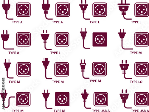 Black electrical plug and socket types icon set showing international power standards, connectors and charging interfaces illustration