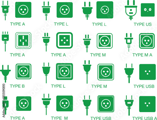 Black electrical plug and socket types icon set showing international power standards, connectors and charging interfaces illustration
