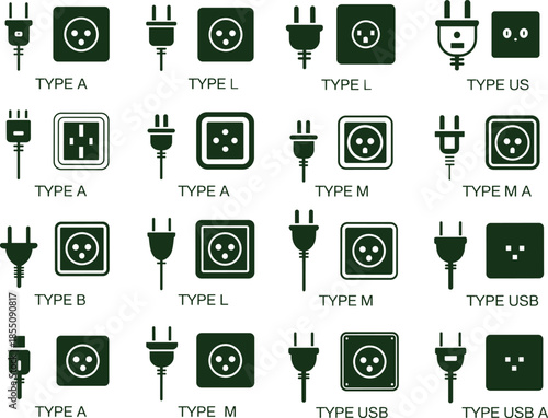 Black electrical plug and socket types icon set showing international power standards, connectors and charging interfaces illustration