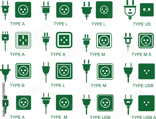 Black electrical plug and socket types icon set showing international power standards, connectors and charging interfaces illustration