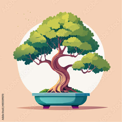 A stylized bonsai tree with a thick, twisting trunk and lush green foliage in a blue pot.