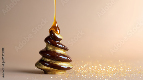 Chocolate christmas tree dessert covered with flowing caramel, festive sweet candy sculpture with glitter sprinkles, minimal composition with copy space for holiday banners packaging and advertising