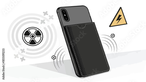Smartphone with leather wallet case and wireless charging symbol
