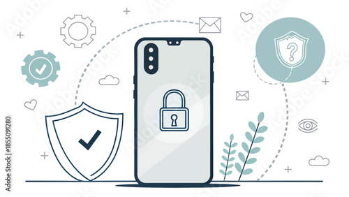 Mobile device security concept with lock and shield icons
