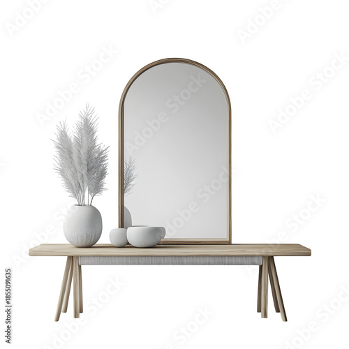Minimalist Interior with Wooden Bench and Mirror