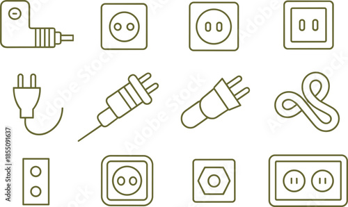 Black line icon set of electrical plugs and wall sockets, power connectors collection, minimal outline energy symbols