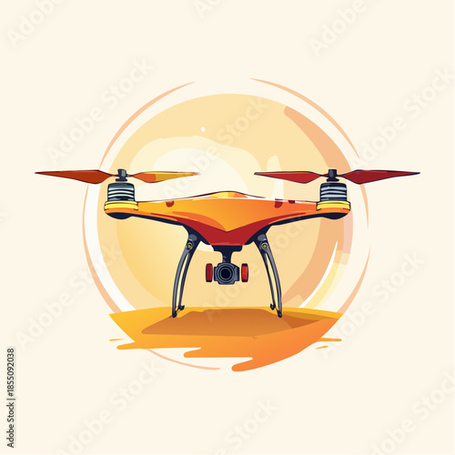 Illustration of a drone with a camera, set against a circular background, showcasing modern technology and aerial photography.