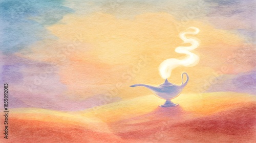 Magical wish lamp rises above desert sand bathed in warm sunset glow watercolor art