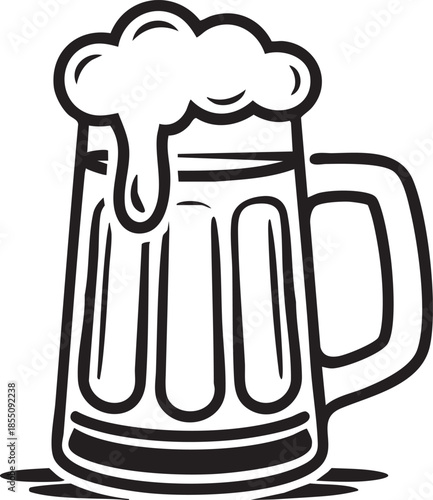 A black and white illustration of a full beer mug with overflowing foam