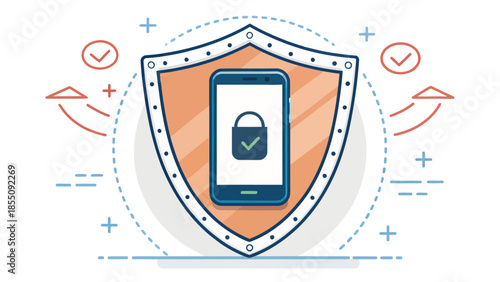 Mobile device security concept with shield and padlock icon