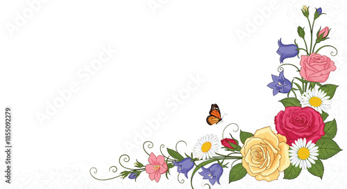 Elegant corner floral arrangement composed of pink roses yellow roses daisies and bluebells on a light grey textured background design.